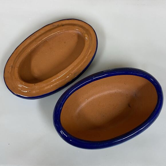 Mexican Folk Art Pottery Oval Trinket Box Hand Painted Blue Bird Flowers - Picture 6 of 10